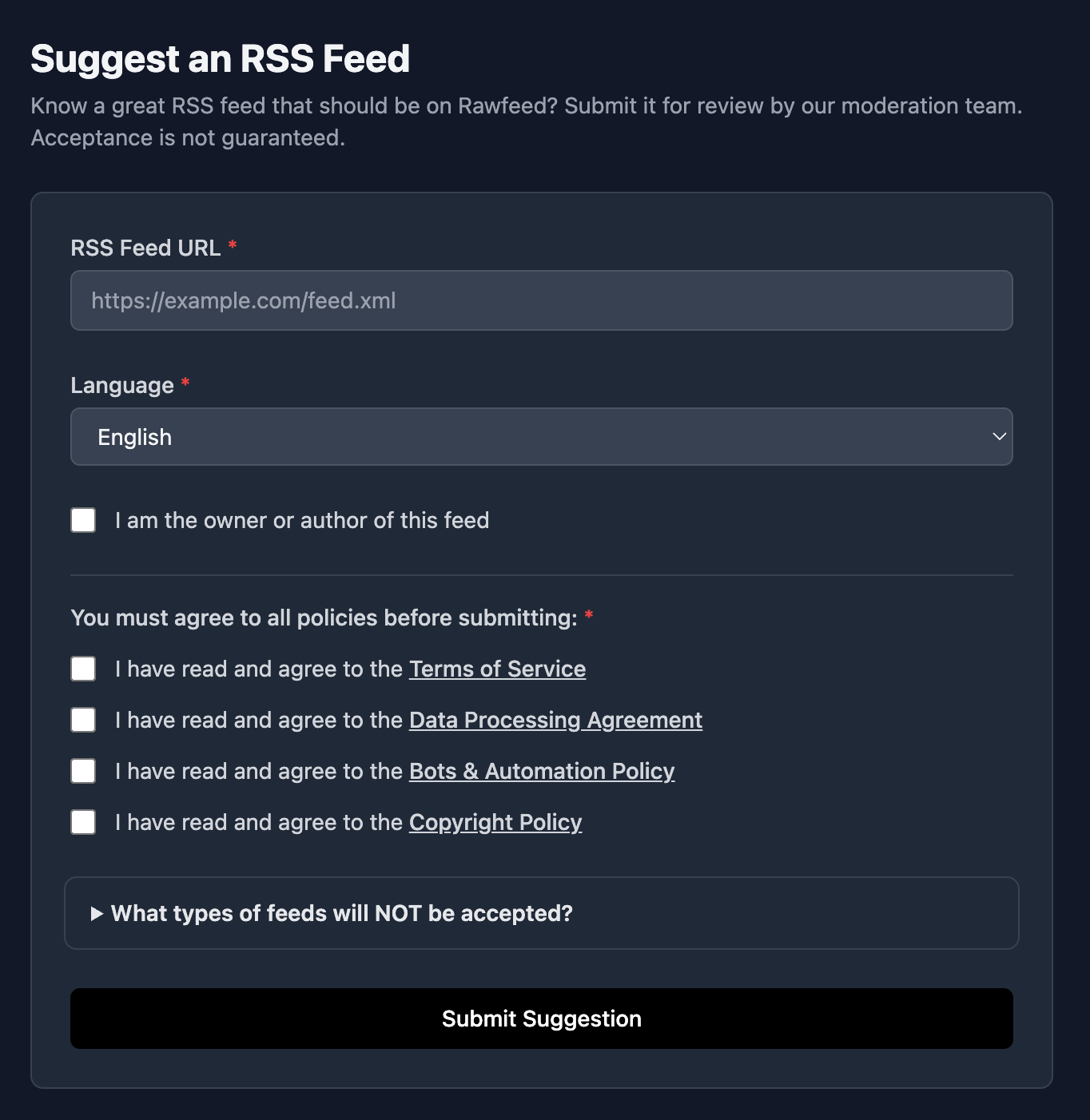 The suggestion form showing a URL input field and language selector
